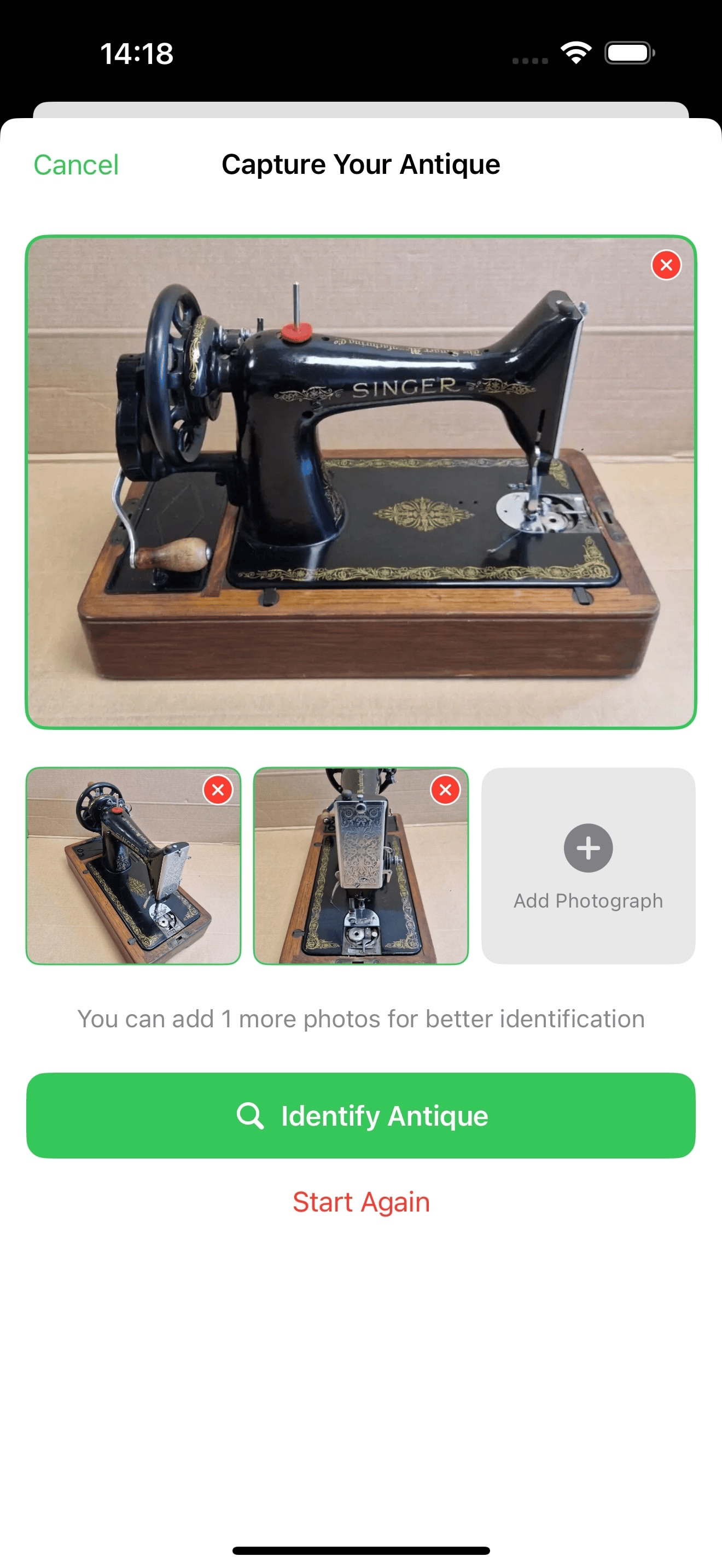 Antique Identifier app interface showing multi-angle antique analysis with detailed identification results